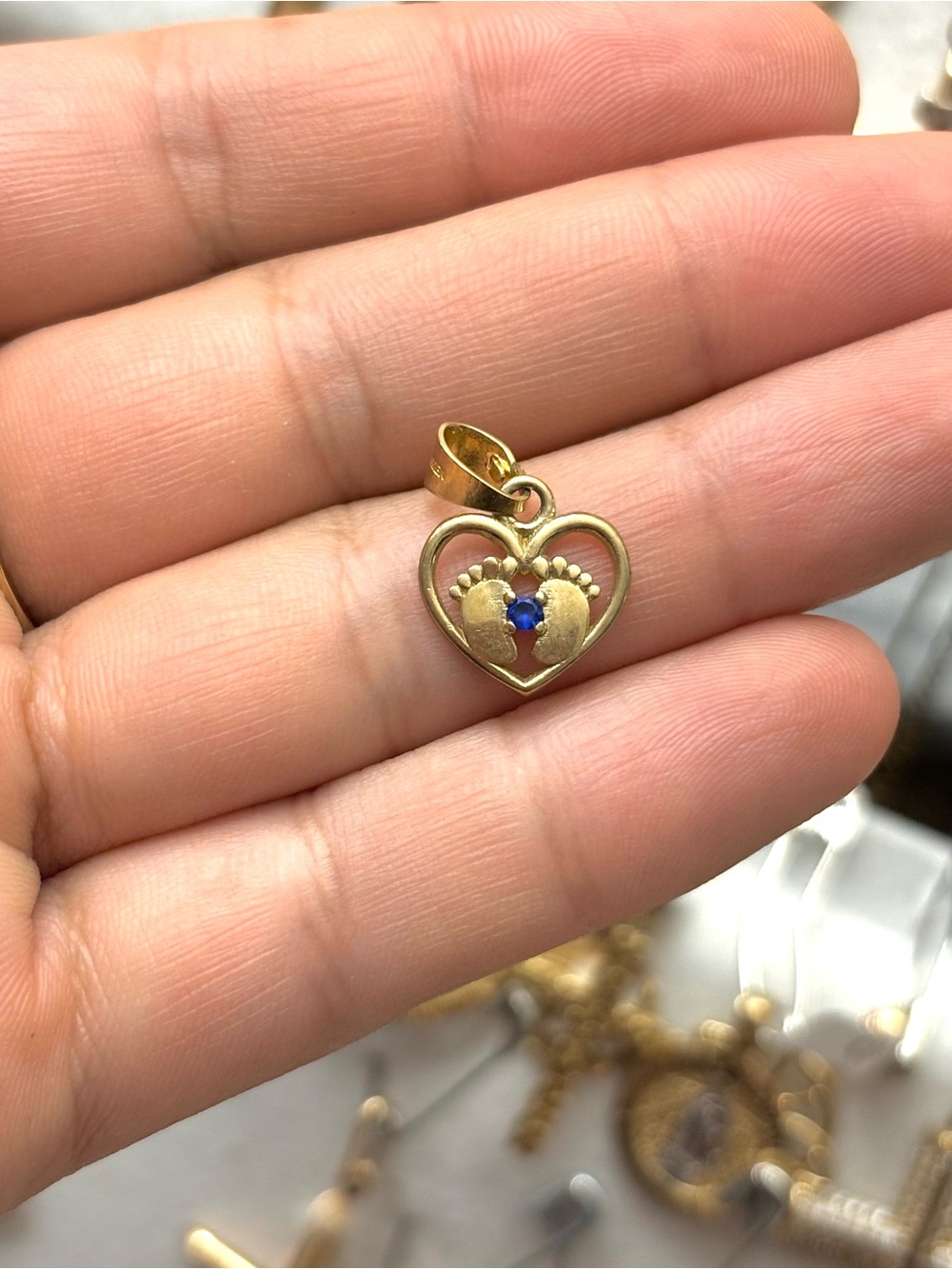 10k Gold Heart Baby Footprint Charm Pendant with Blue Stone real gold